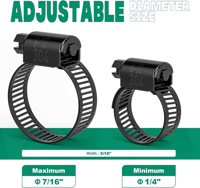 ORU 40PCS 1/4"-7/16" Black Hose Clamp,Adjustable 6-12mm Small Hose Clamps Stainless Steel,Metal Worm Gear Drive Hose Clamps for Automotive,Plumbing,Intercooler,Pipe,Fuel Line Radiator Clamps - Image 2